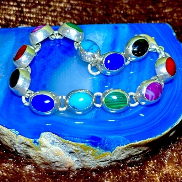 Vtg 23g Sterling Bracelet 6.5 Multi Gemstone Cabochon Onyx Lapis Coral 4127 B - Picture 2 of 12